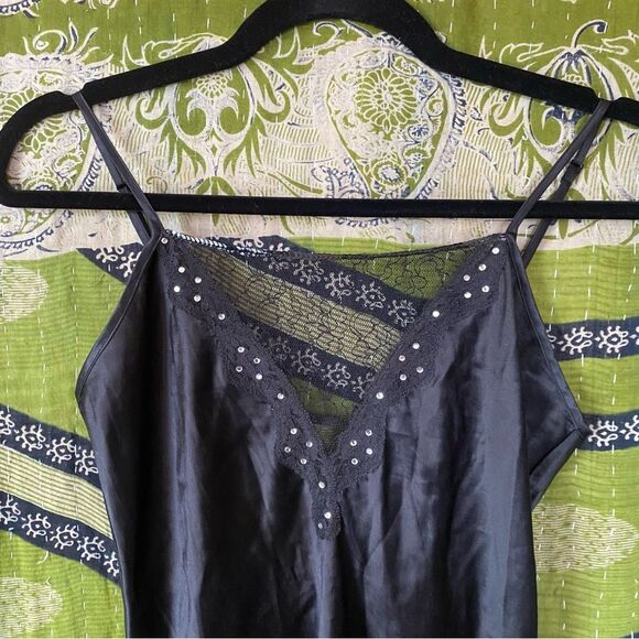 Vintage Y2K Black Silk Bedazzled Fringe Slip Dress Size Extra Small - Picture 3 of 15
